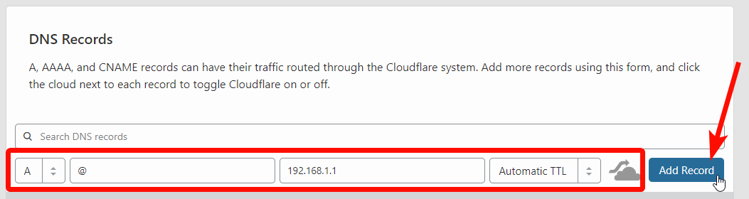 creating an A Record with a domain on cloudflare