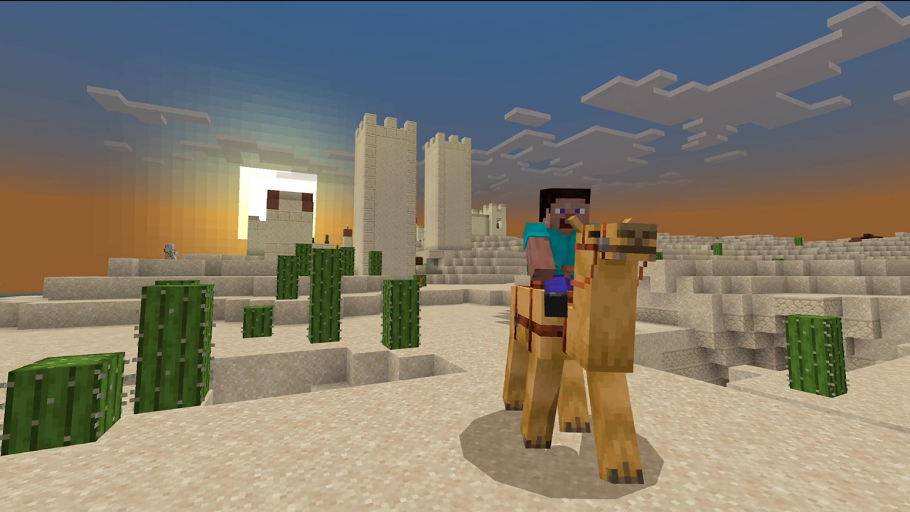 minecraft steve riding a camel at sunset