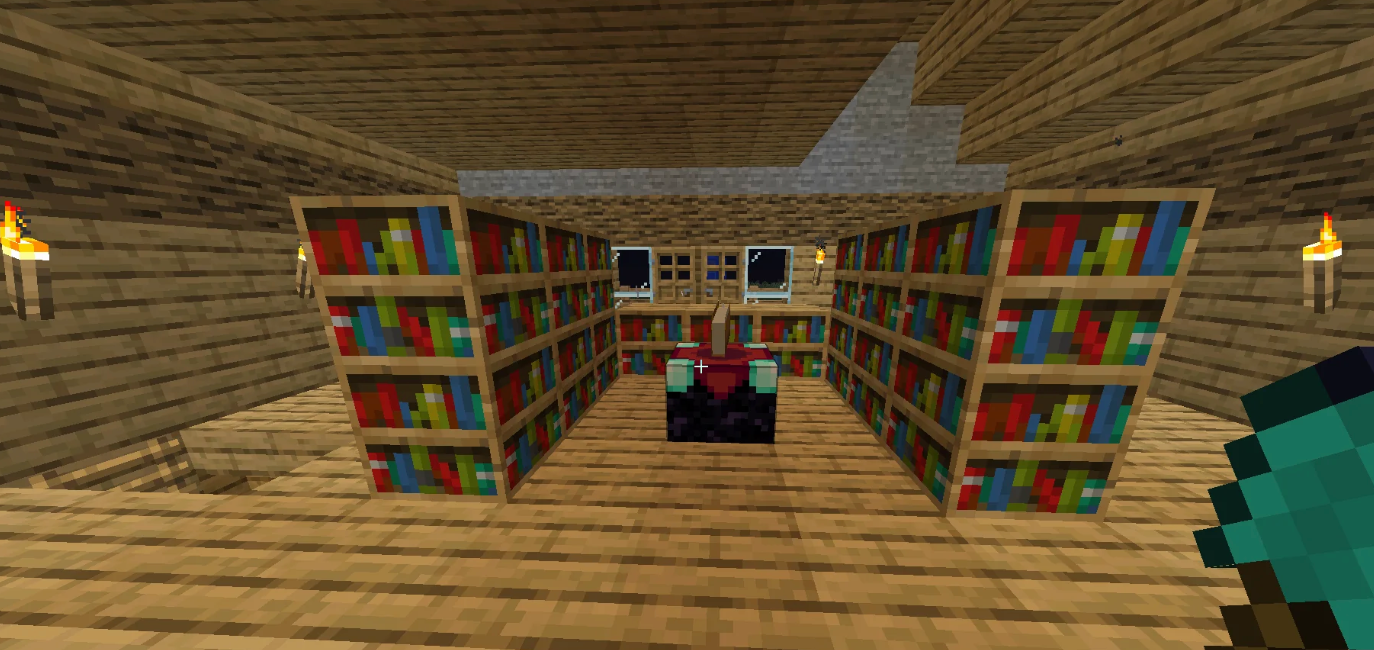 Max level enchantment table surrounded by bookshelves