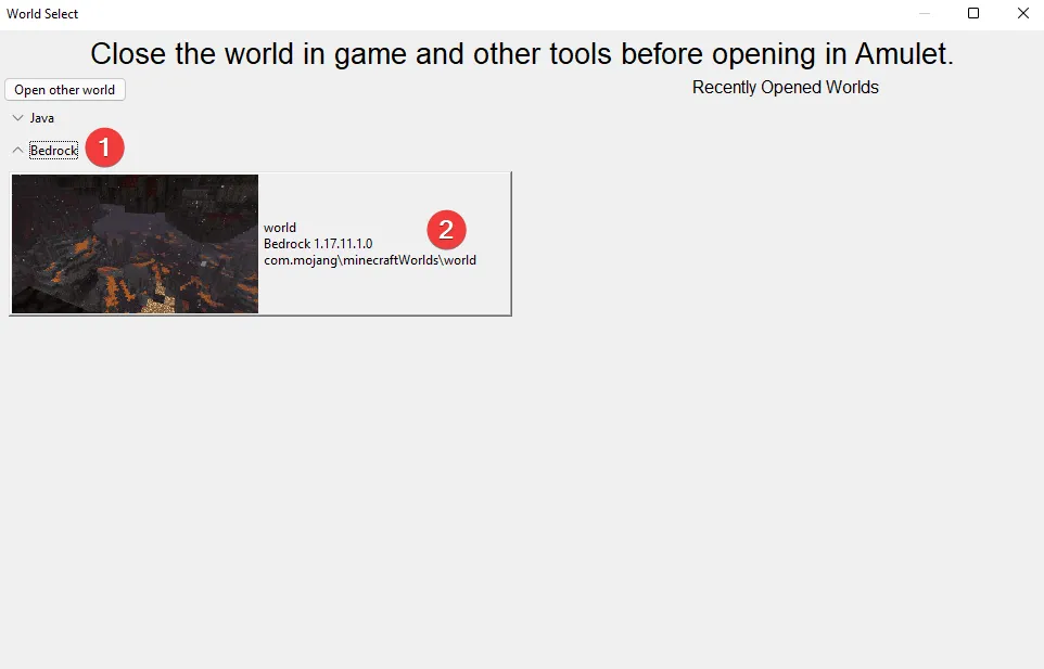 Opening a Bedrock world on the Amulet world editor.