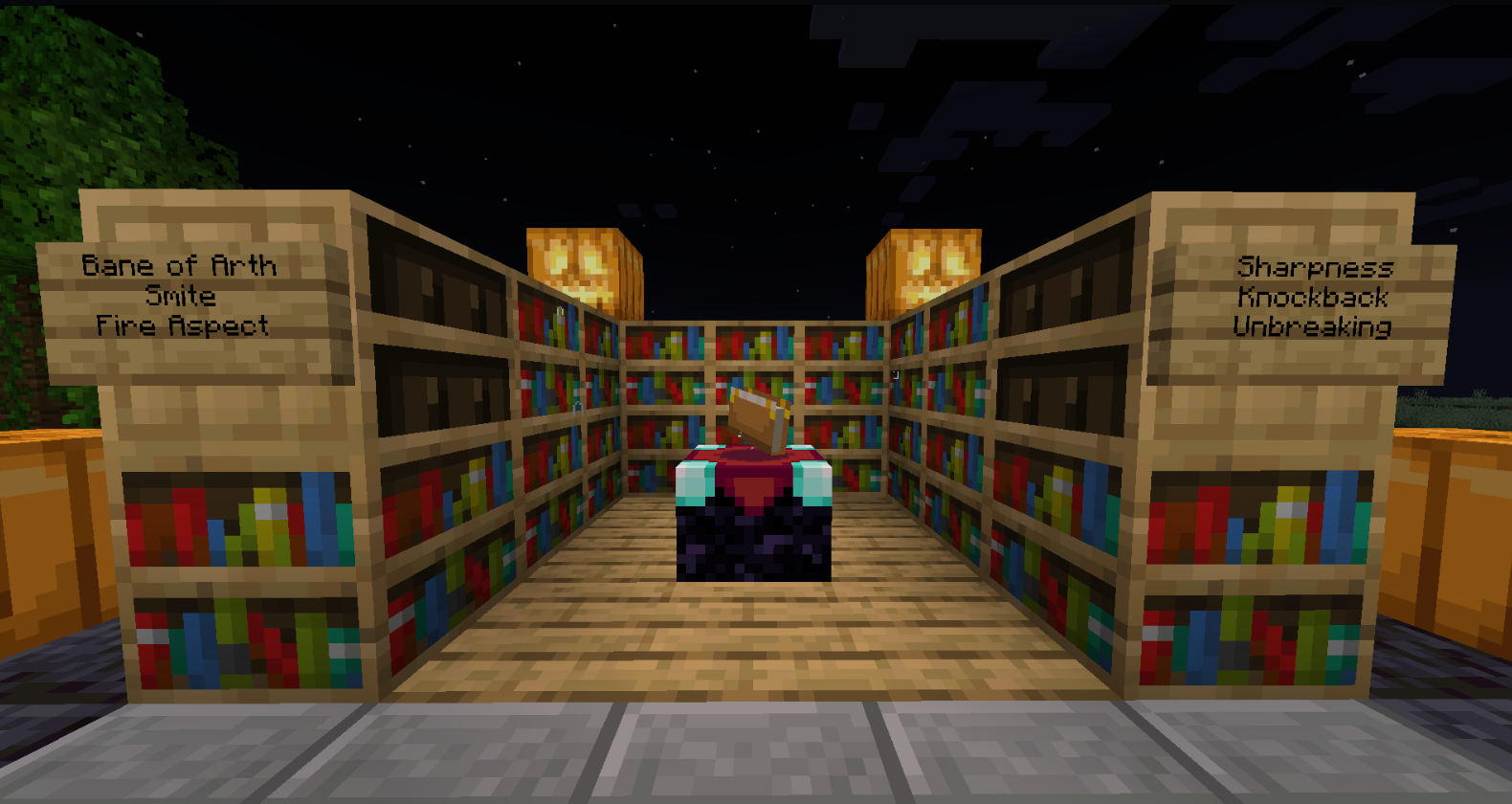 enchantment table surrounded by multiple layers of bookshelves