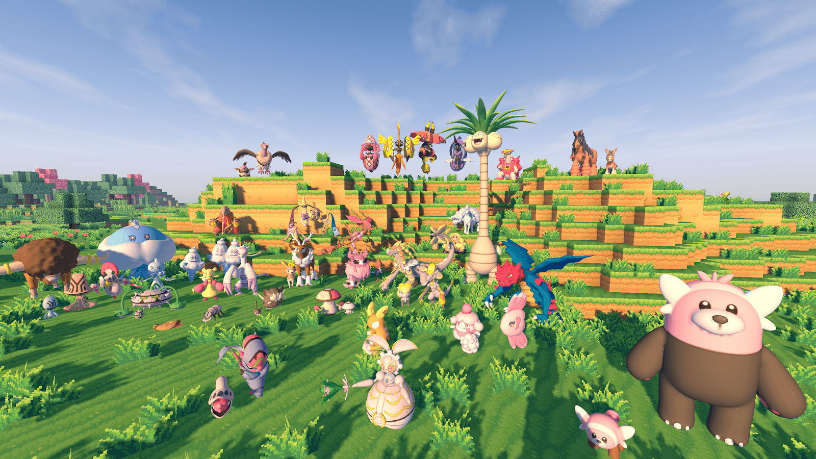 A screenshot of gameplay showing a variety of Pokemon stood together