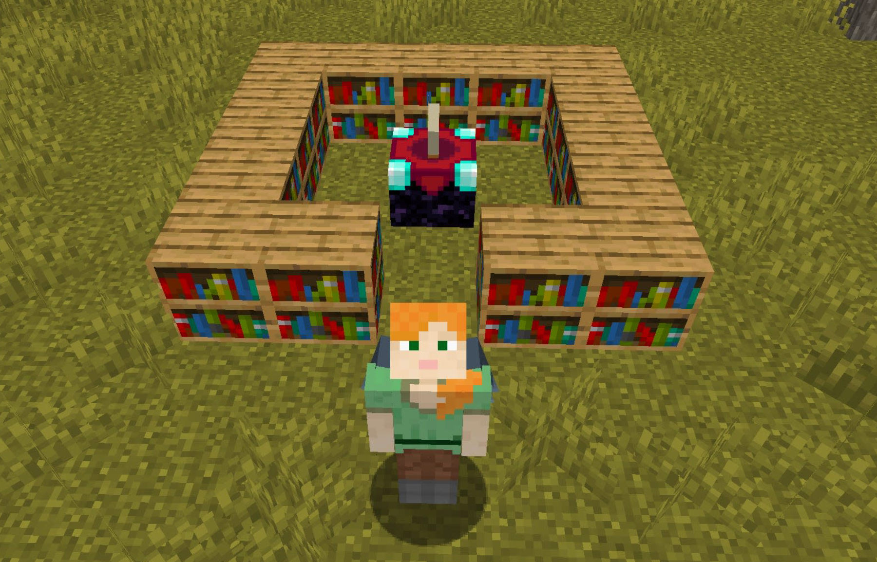 Layout example of a level 30 enchantment table perfectly surrounded by 15 bookshelves