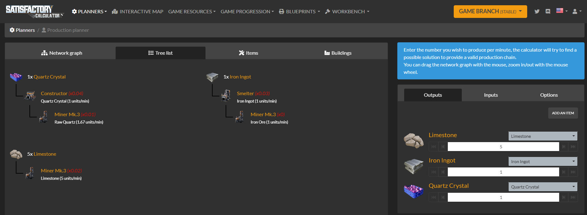 Satisfactory Production Planner Screenshot