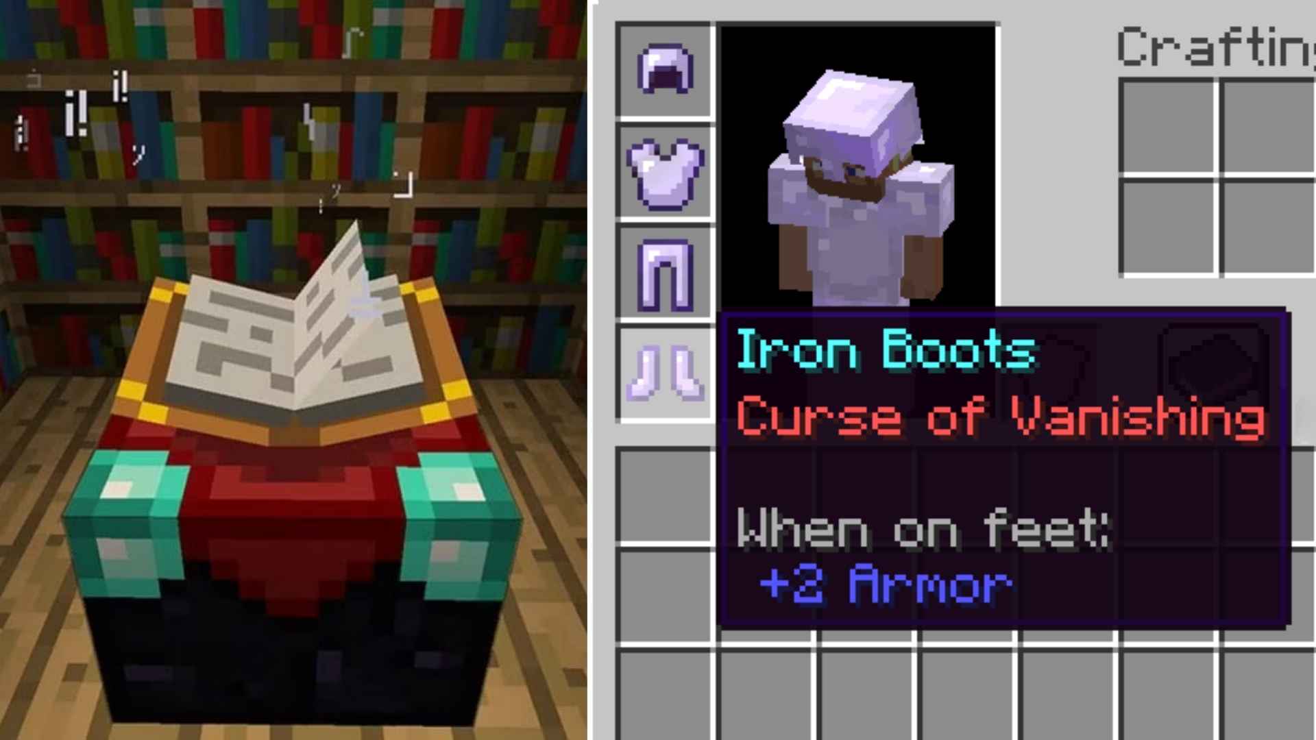 side by side, enchanting table and armor with curse of vanishing