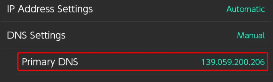 Changing the Primary DNS address on a Nintendo Switch entertainment system to Shockbyte's bedrock DNS server for console joining.