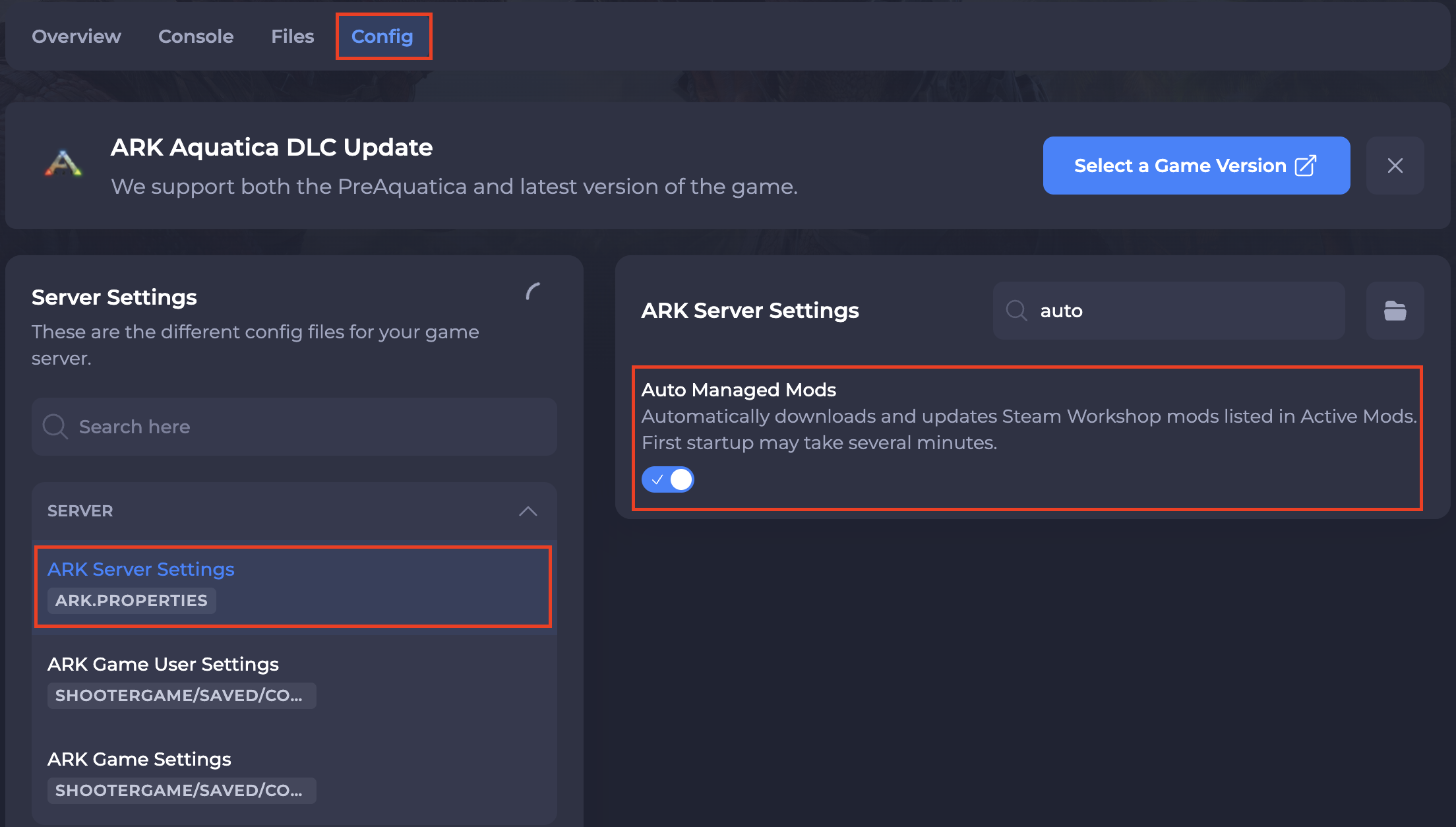 Image showing the Auto Managed Mods setting