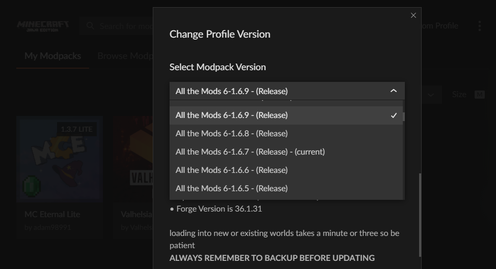 selecting a specific modpack version on curseforge