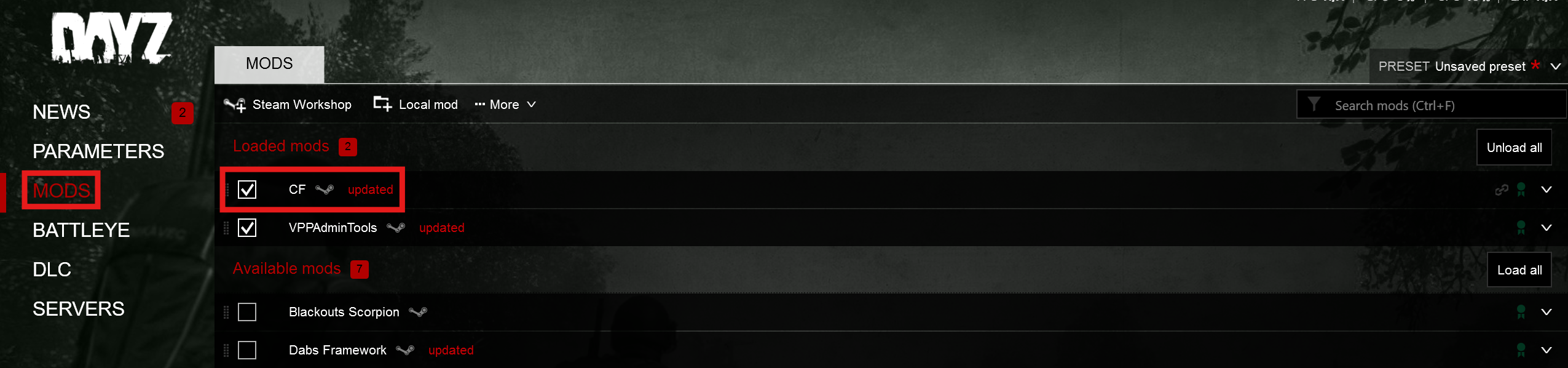 The MODS tab in the DayZ launcher showing installed mods