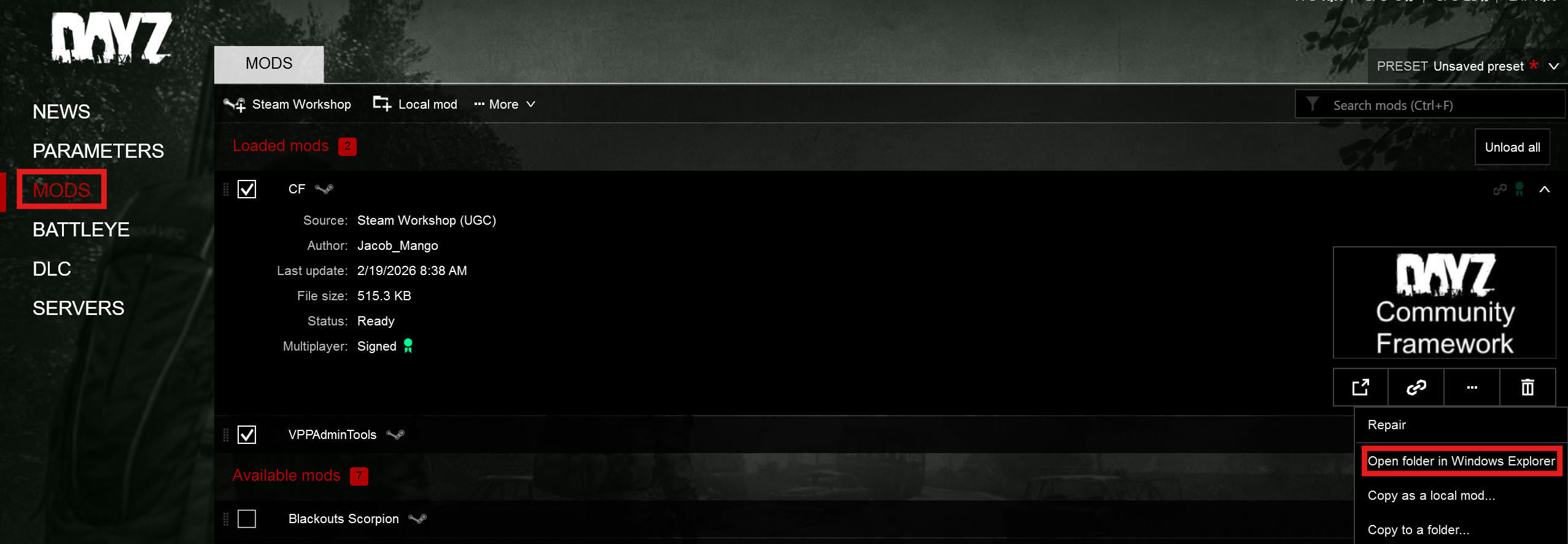 Opening the mod folder location from the DayZ launcher