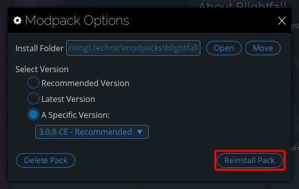 reinstall a minecraft modpack