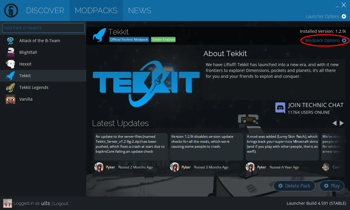 Opening modpack options on the Technic Launcher.