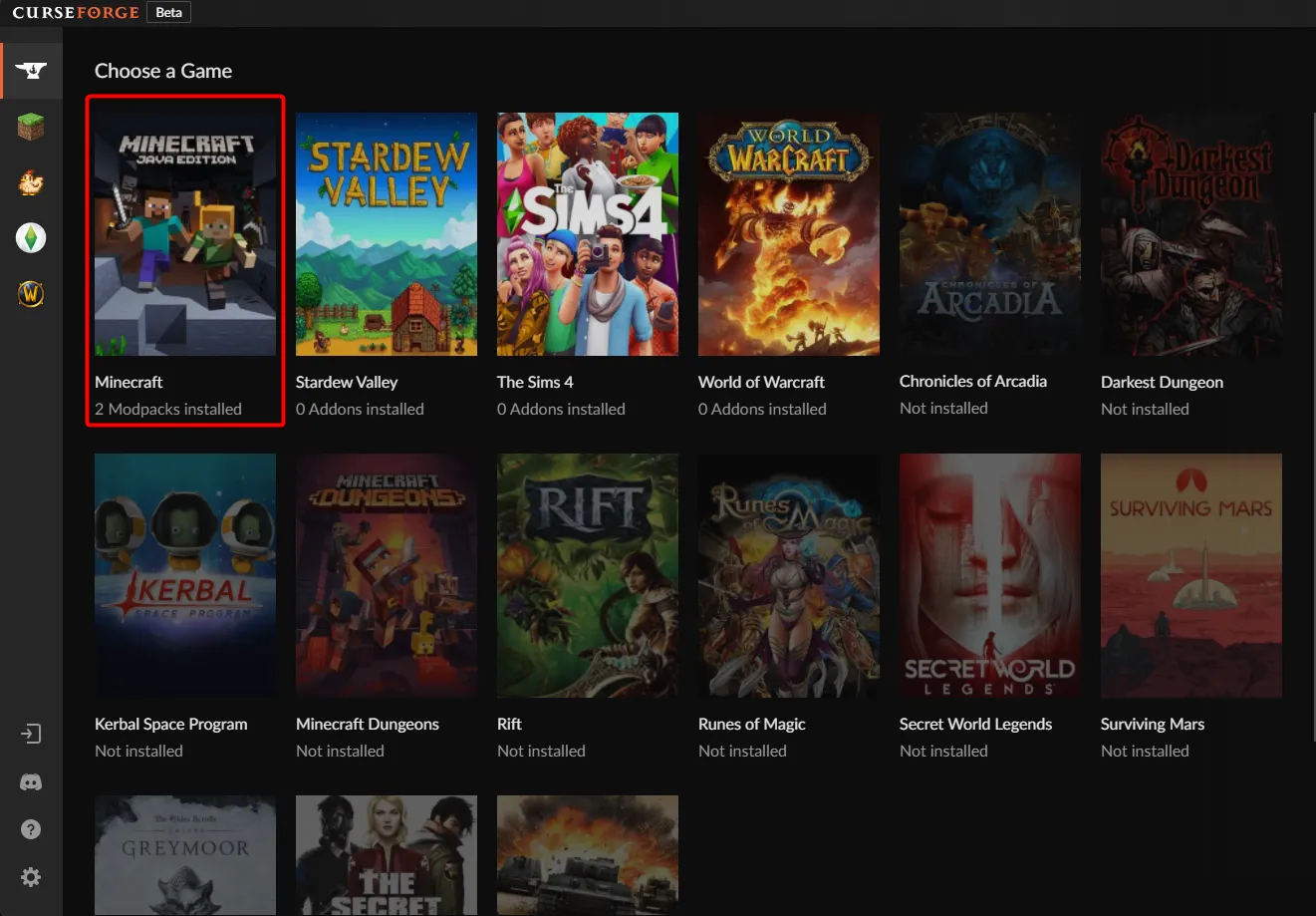 Selecting Minecraft from the mods tab.
