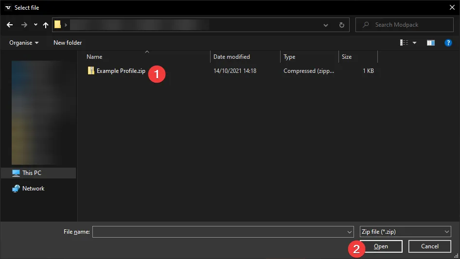Selecting a zip file to import into CurseForge.