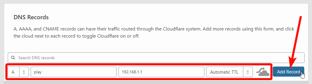 creating an A Record using a subdomain on cloudflare