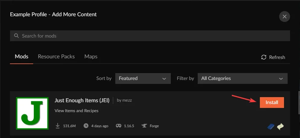 Adding mods to a custom CurseForge profile.