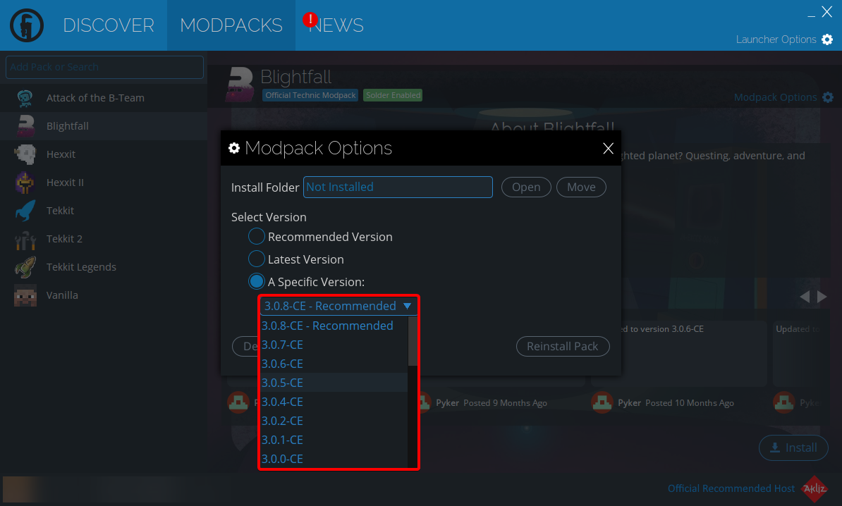 select a specific version of a minecraft modpack
