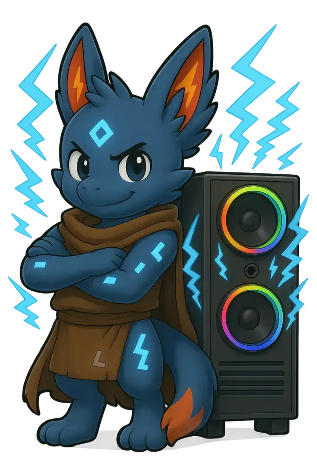 shockbyte's mascot "stormbeast" standing next to a pc tower