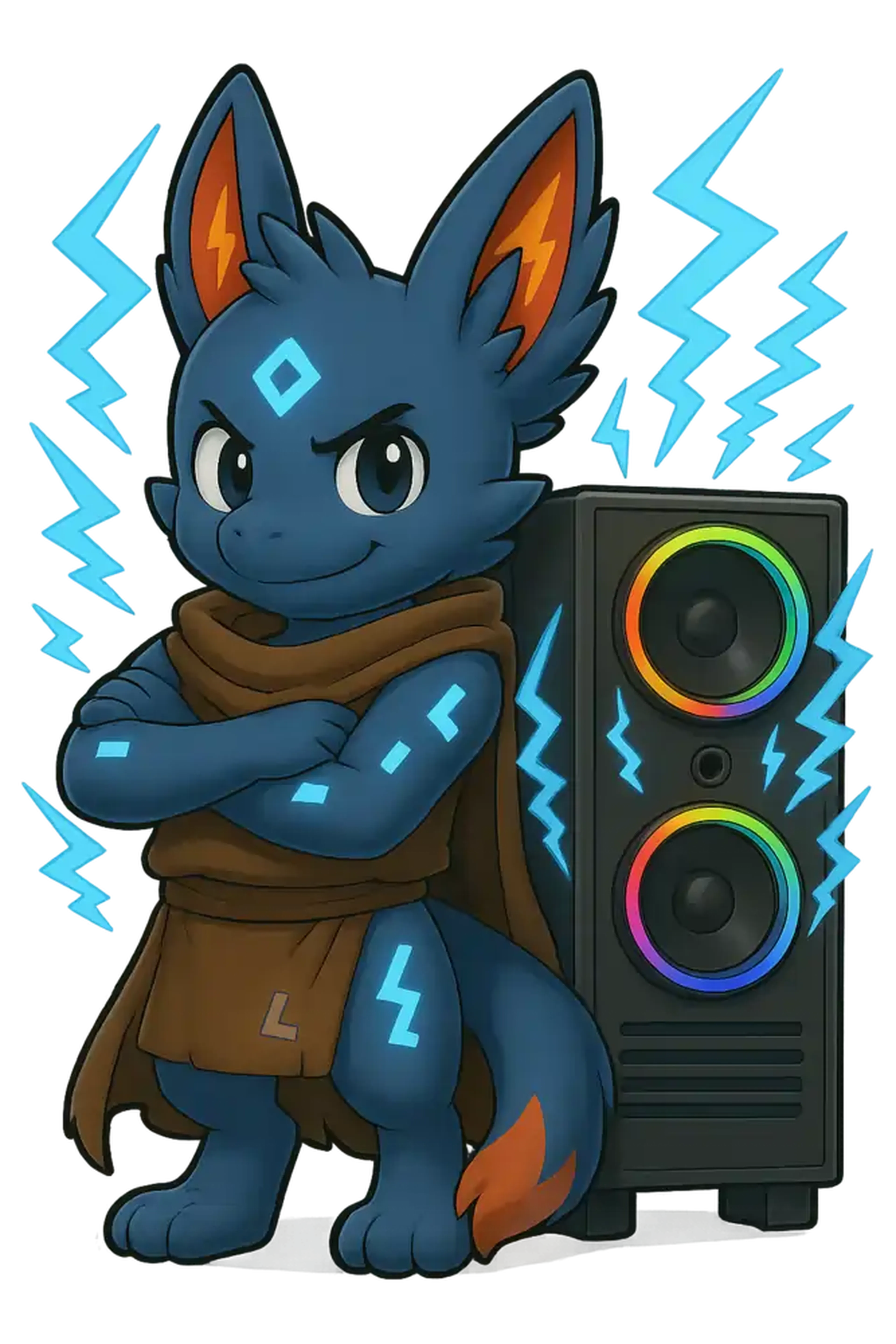shockbyte's mascot "stormbeast" standing next to a pc tower