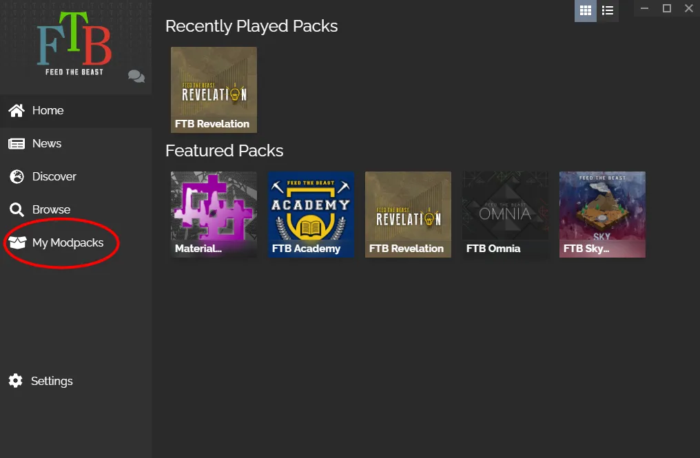 Selecting the My Modpacks tab in FTB Launcher.