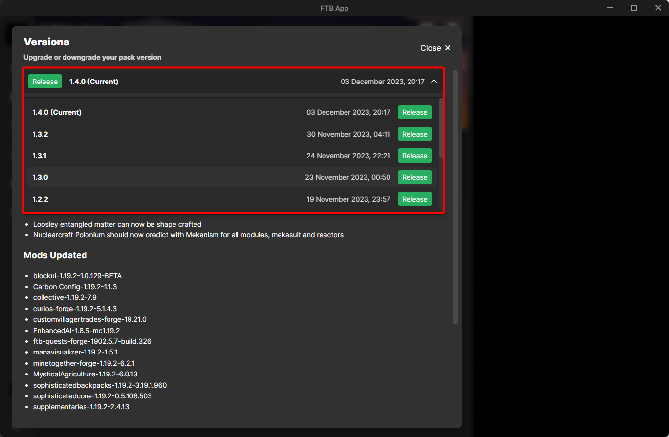 selecting a modpack version on ftb launcher