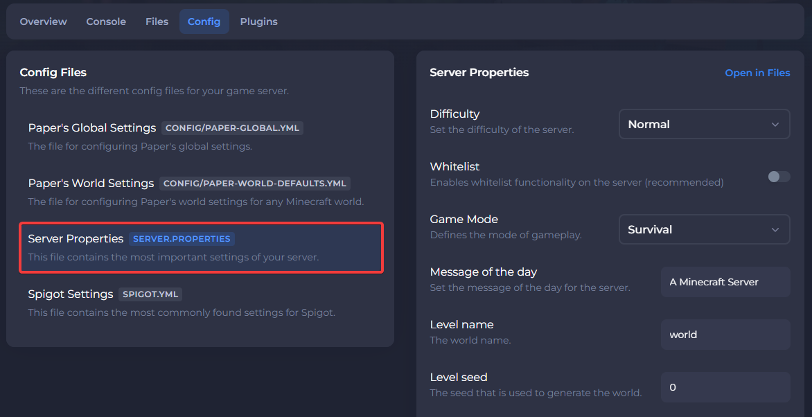 The Shockbyte Control Panel's configuration page, with a Minecraft server's server properties selected and highlighted.