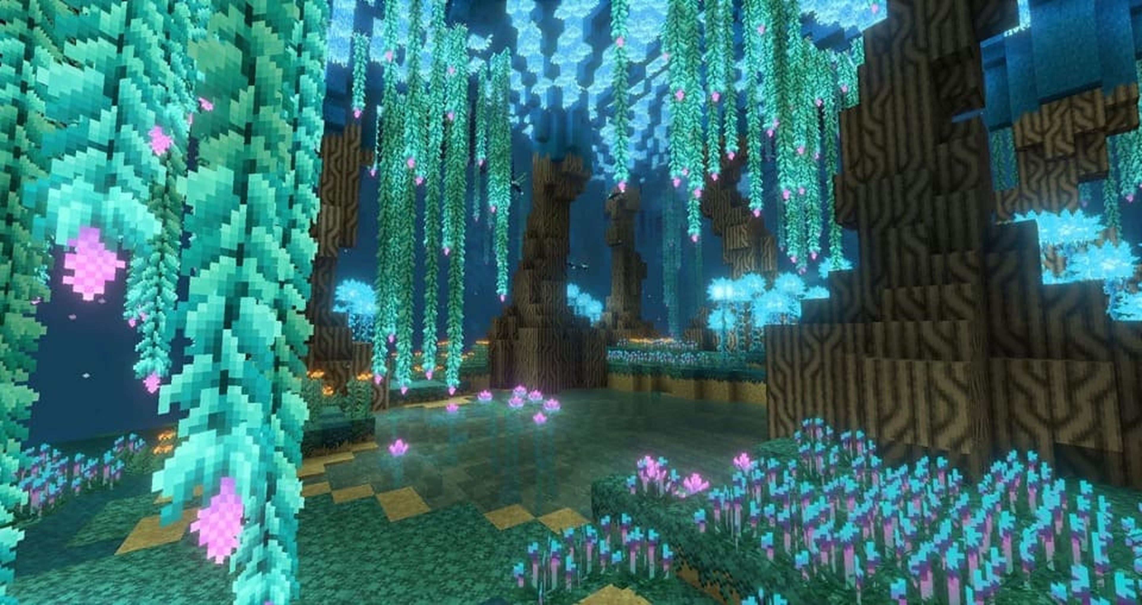 A vibrant, mystical forest scene in a pixelated style, featuring glowing blue and pink plants, large trees, and hanging vines.