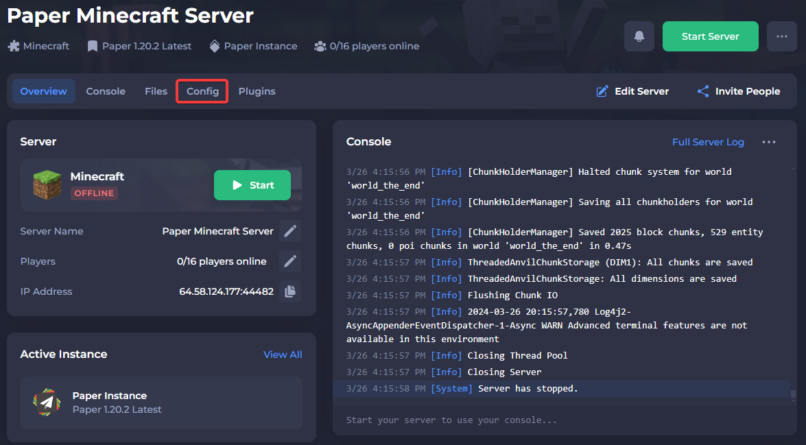 The Shockbyte Control Panel with the Config tab highlighted.