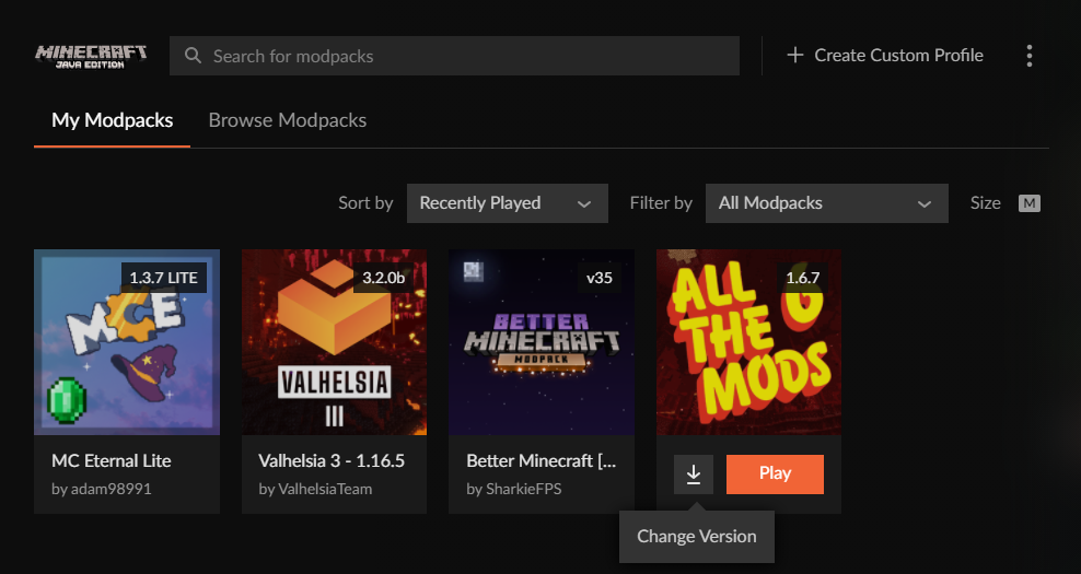 change version of modpack on curseforge