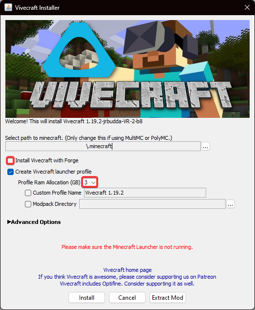 Customise your vivecraft installation options
