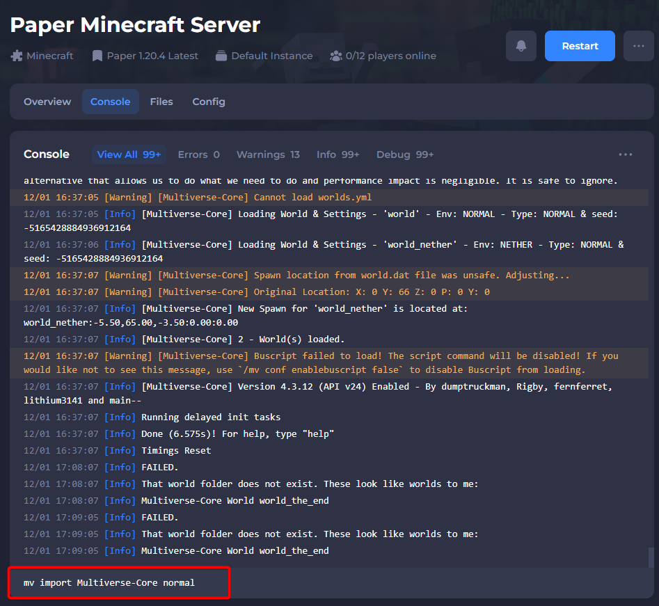 uploading and importing a world using multiver-core