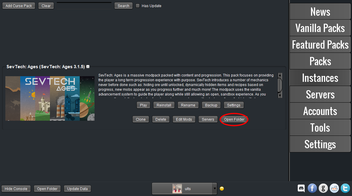 Opening the modpack folder on ATLauncher.