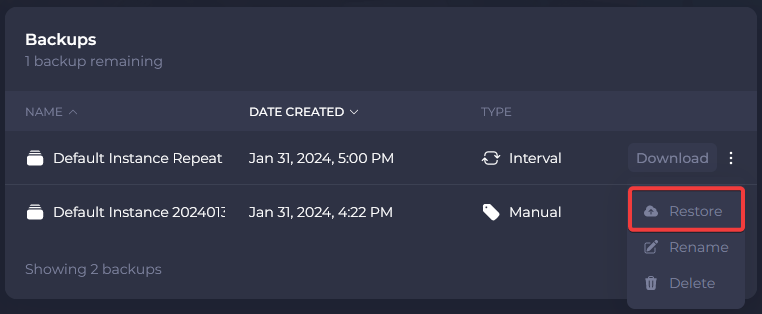 Click the restore button on your most recent backup to begin restoring it