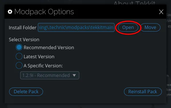 Opening the modpack folder on Technic Launcher.