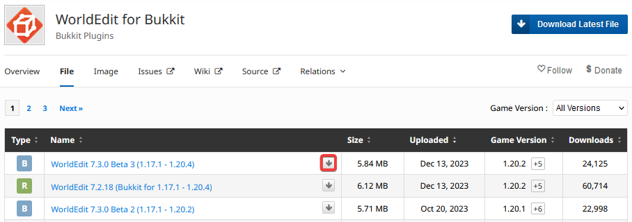 Click the download icon next to your desired version of worldedit on the files page