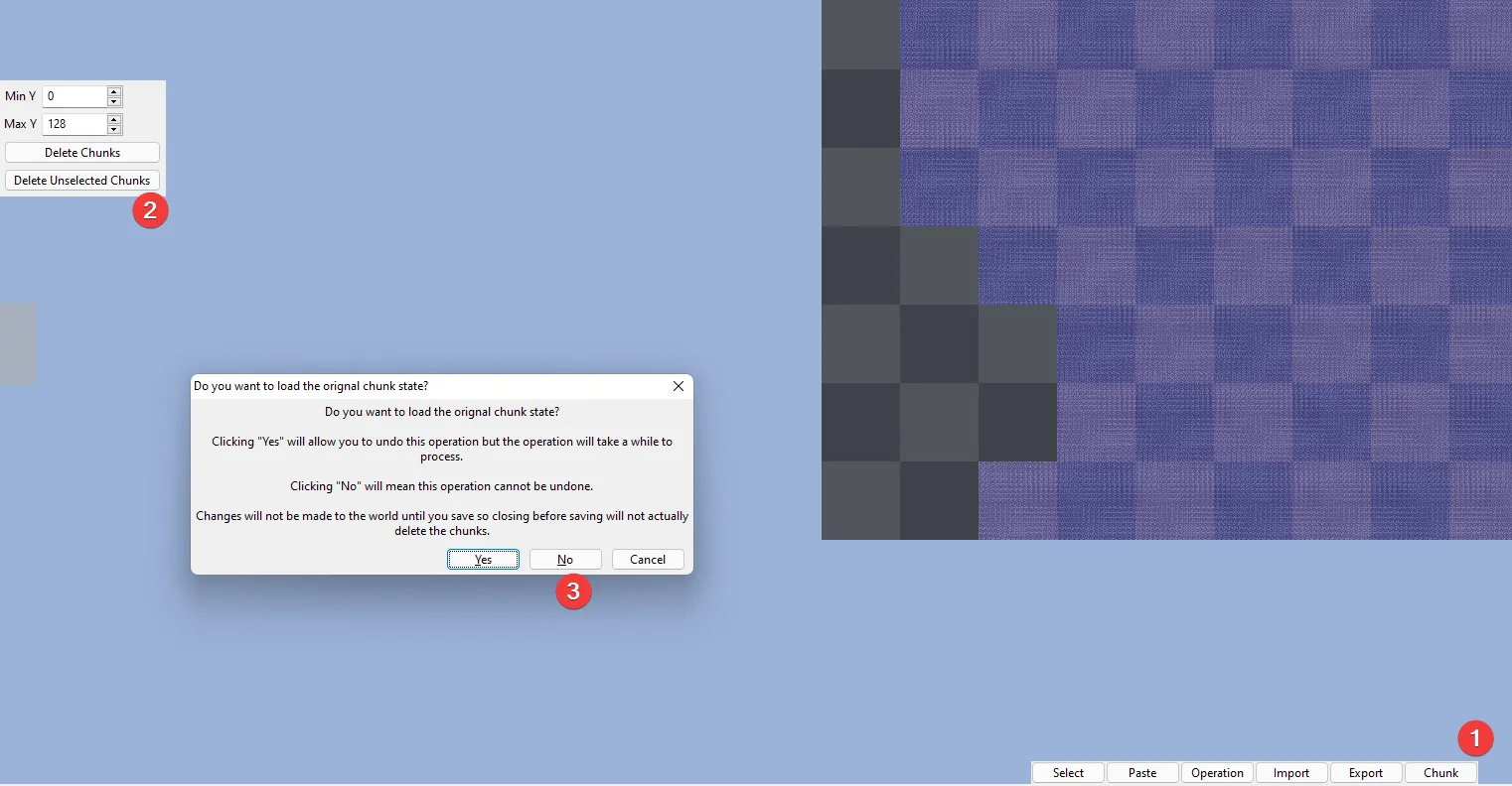 Deleting chunks from a Minecraft: Bedrock world's nether using the Amulet world editor.