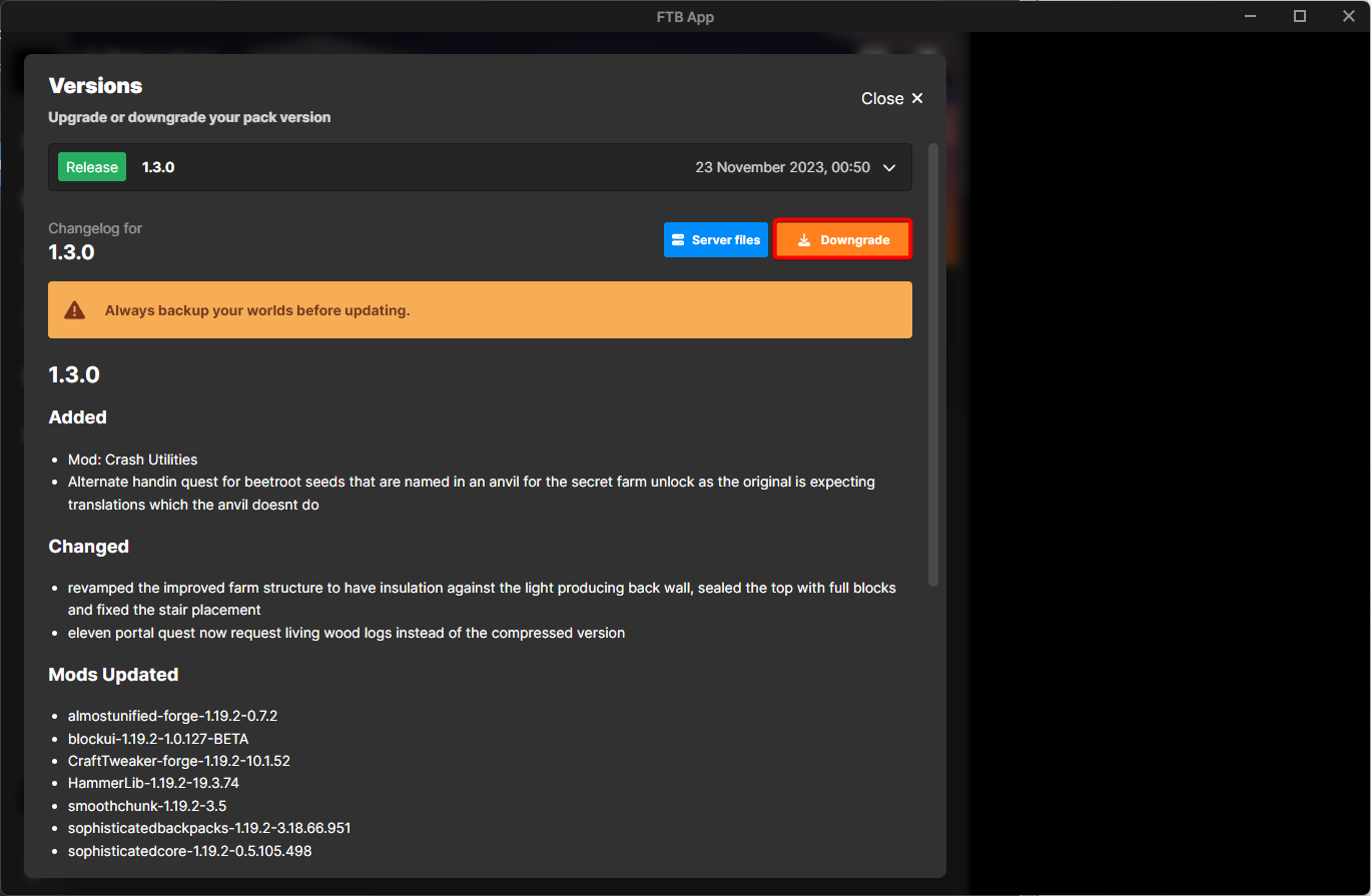 downgrading a modpack on ftb launcher