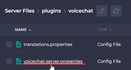 Opening the Simple Voice Chat properties file on the Shockbyte Panel.
