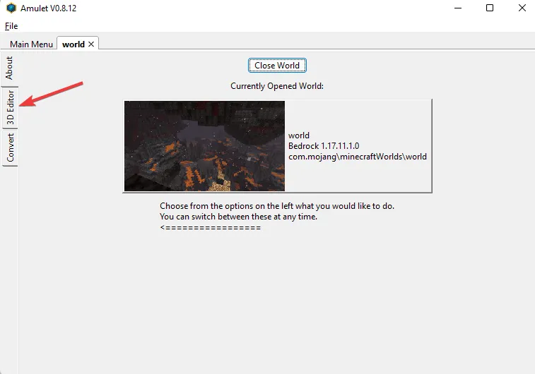 Opening the 3D editor for a world on Amulet.