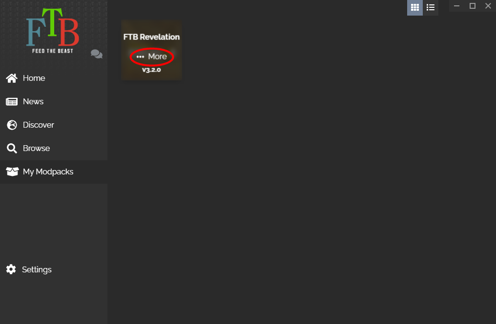Selecting the settings on FTB Launcher.